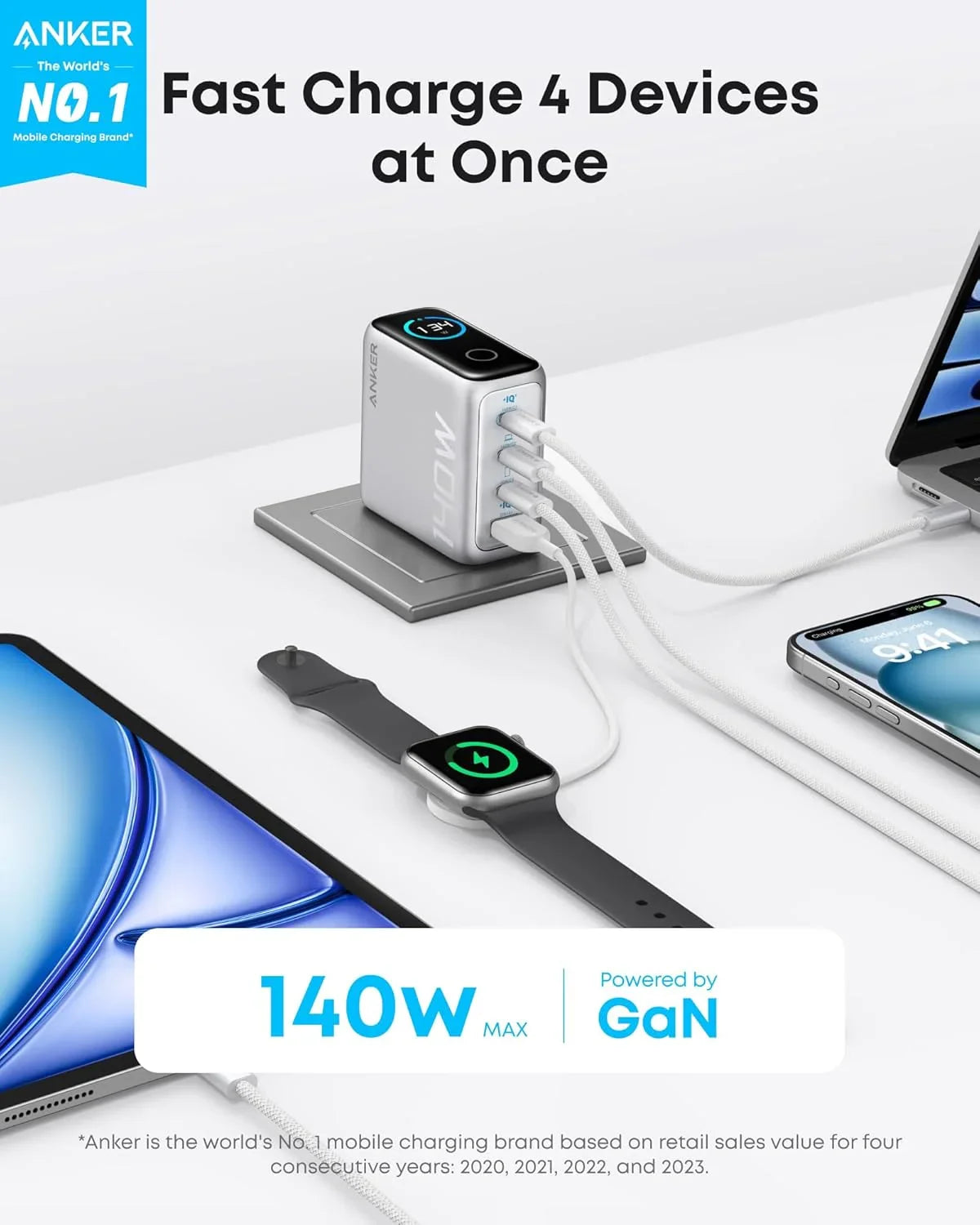 Anker 140W Charger 4-Ports With Usb-C Cable -Silver - Tashqila Anker 140W Charger 4-Ports With Usb-C Cable -Silver - Tashqila